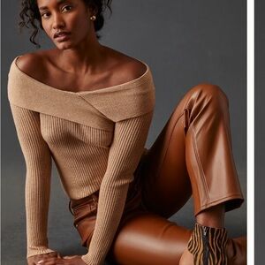 Anthropologie Off-Shoulder Ribbed Sweater in Camel